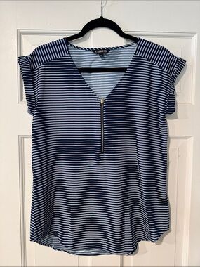 Express Navy and White Striped V-Neck Zip Front Short Sleeve Top